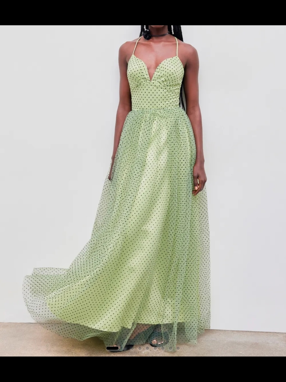 Elegant Lime Green Polka Dot Spaghetti Strap Dress